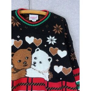Vintage Adele Knitwear Christmas Sweater Teddy Bear Hearts Plaid Black Large